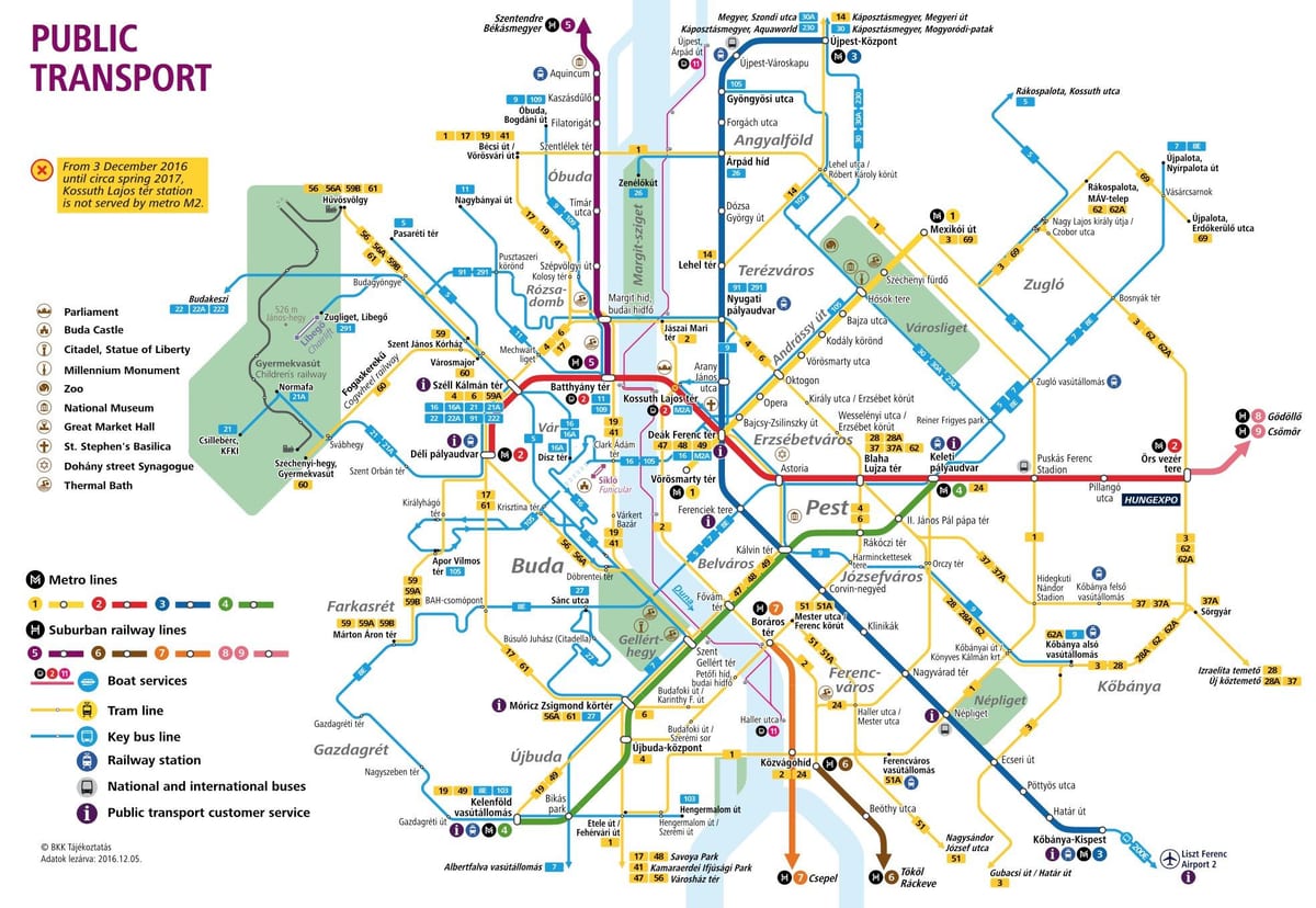 แผนที่ของบูดาเปสต์ขนส่งสาธารณะ